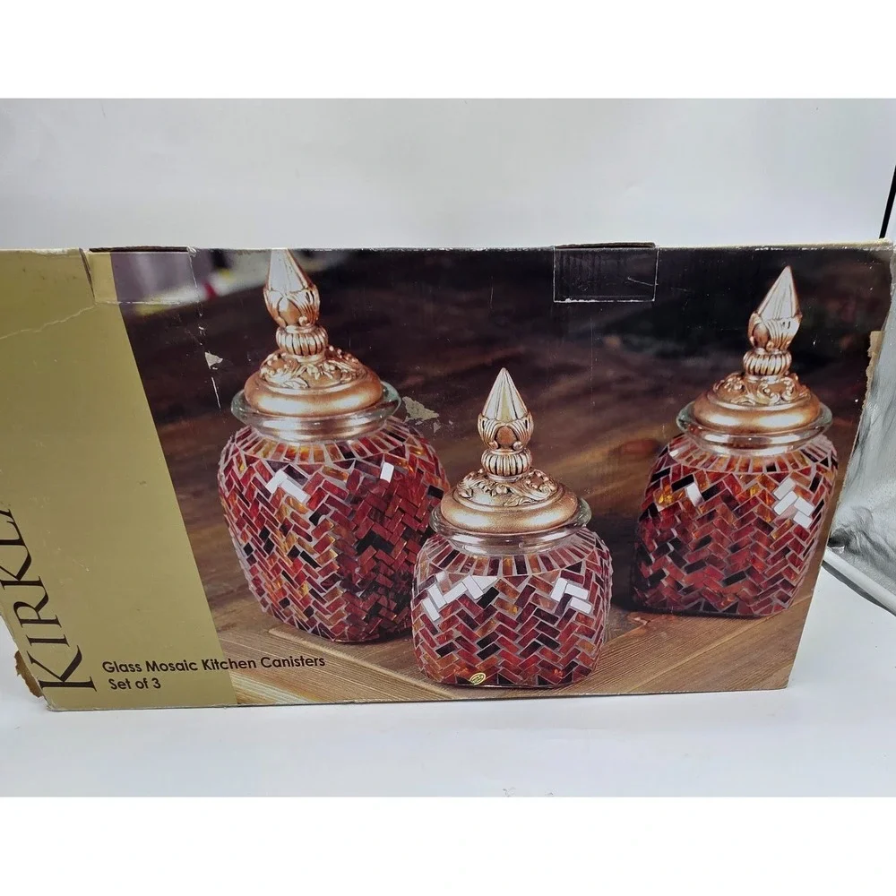 Kirkland's Three Piece Glass Mosaic Kitchen Canister Set New Open Box